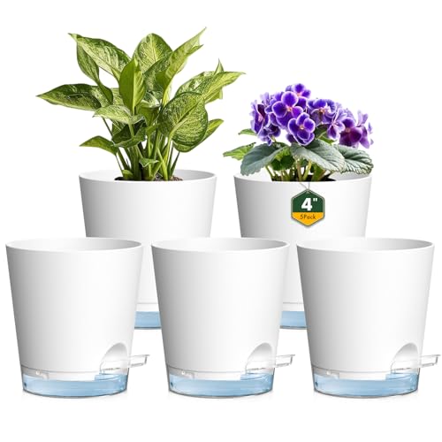Homeuouz 10cm Self Watering Plant Pots With clear reservoir, 5 Pack Plastic Self Watering Planter with Drainage Holes & Saucer, Ideal for All Indoor Outdoor House Flowers and Plants, White
