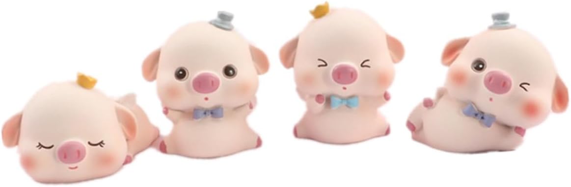4pcs Cartoon Pig Cake Picks Resin Figurines for Birthday Cake Decoration and Home Interior Ornament Cute Miniature Pig Sculptures for Party and Car Display
