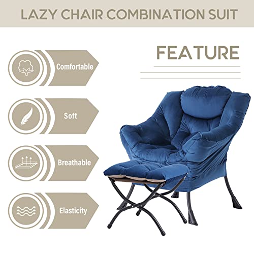 Image of LITA Lazy Chair with Ottoman, Modern Accent Leisure Upholstered Sofa Chair, Contemporary Lounge Reading Chairs with Armrests and a Side Pocket for Living Room, Bedroom & Small Space, Royal Blue