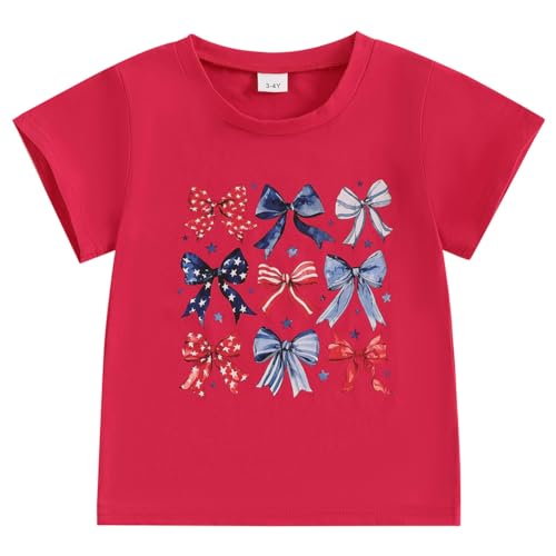 Image of Kids Toddler Little Girls 4th of July T-Shirt Coquette Red White & Blue Patriotic Bows Retro American Flag Top