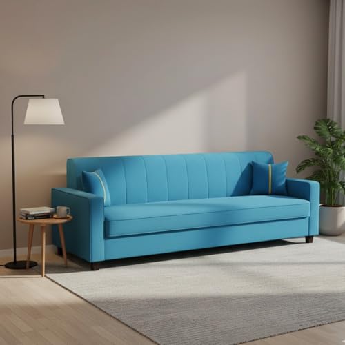 Image of FURNY Cosmos 3 Seater Fabric Sofa Set (Aqua Blue) Premium Velvet Finish | Durable Comfort | Ideal for Living Room