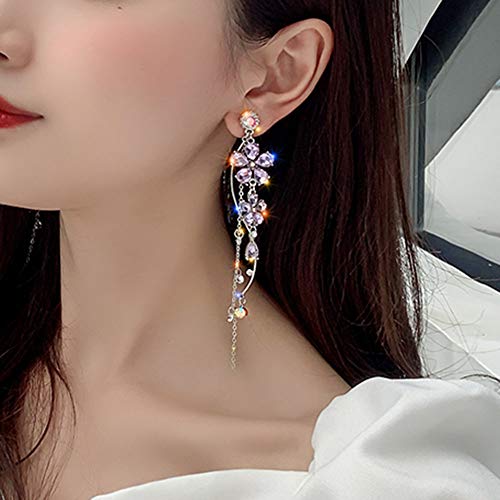 Fxmimior 2555 Silver Long Flower Earrings Purple Rhinestones Big Dainty Floral Drop Earrings Statement Charm Earring Body Jewelry thumb #1