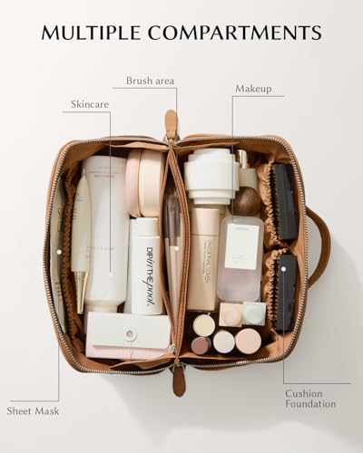 Image of EACHY Leather Makeup Bag, Portable 180 Wide-Open Flat Cosmetic Bag for Women, Large Capacity Make Up Organizer Makeup Pouch with Divider and Handle