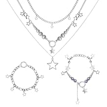 Nydotd Y2K Jewelry Set Silver Star Layered Necklace & Star Bracelets Kawaii Vintage Accessories Set Grunge Accessories Set Hipster Style Star Pendant for Women Costume