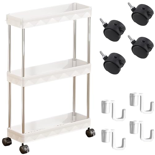 Mellbo スリムワゴン 隙間収納 キッチン トイレ ラック キャスター付き 省スペース 調味料 洗剤 バス用品 日用品 小物 360度回転 組み立て簡単 3段 62×40×13p ホワイト
