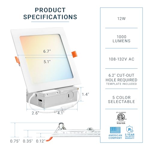 PARMIDA 6 Inch Square LED Recessed Lighting 12 Pack - 5 Color Selectable - Dimmable - IC Rated