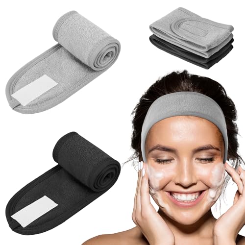 LOPHE 2 Pack SpaHeadband Facial Makeup Hair Wrap with Adjustable Magic Sticker Women Skincare Washband for Shower and Face (Gray Black)