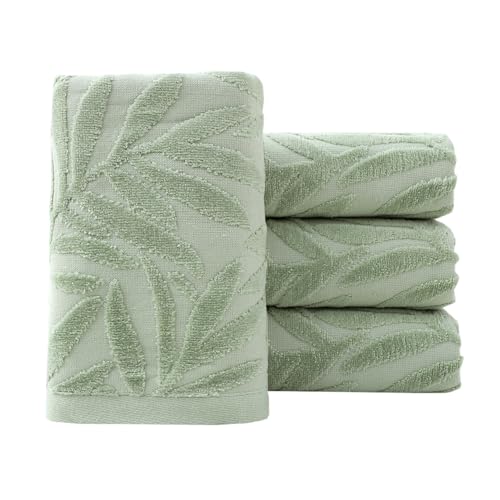 Image of Pidada Hand Towels Set of 4 Leaf Pattern 100% Cotton Absorbent Soft Decorative Towel for Bathroom (Green)