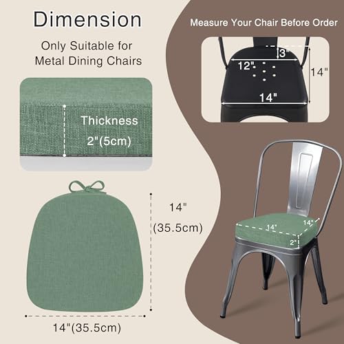 Image of OVOV 14x14 Chair Cushions for Metal Dining Chairs Set of 2 Sage Green | Non Slip, Washable Removable Cover with Ties, Textured, for Dining Room, Kitchen Cafes Bistro Patio, Stackable Chairs