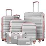 LONG VACATION 6 Piece Luggage Set Carry on Suitcase with ABS+PC hardshell, Spinner Wheels & YKK Zipper TSA Lock (GREY-PINK, 6 piece set)