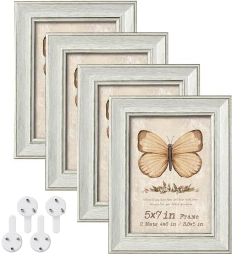 5x7 Real Glass Picture Frame Set of 4 With 2 Mats, 3.5x5 and 4x6 with Mat or 5x7 without Mat for Wall Hanging or Tabletop Display Retro Rustic Farmhouse Matted Bulk Photo Frame Gift Home Office Decor