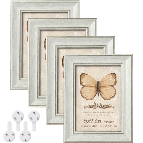 5X7 Real Glass Picture Frame Set Of 4 With 2 Mats, 3.5X5 And 4X6 With Mat Or 5X7 Without Mat For Wall Hanging Or Tabletop Display Retro Rustic Farmhouse Matted Bulk Photo Frame Gift Home Office Decor #TOP23