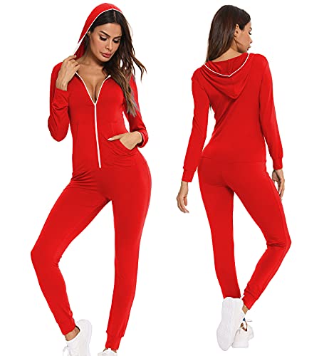 SWOMOG Womens Pajamas Jumpsuits Zip-up Hoodie Union Jumpsuit Romper Long Sleeve Sexy Onesie Bodysuits One Piece Sleepwear Red Medium