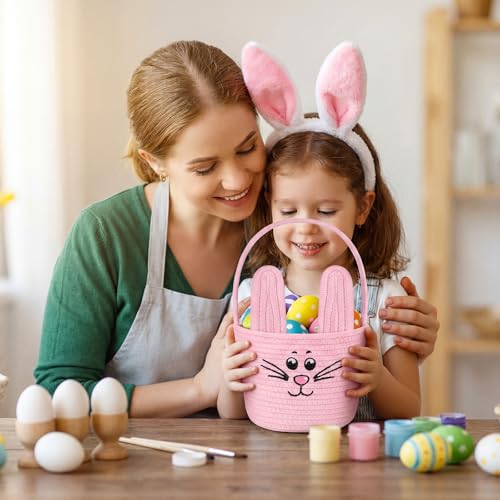 Image of Teenyyou Woven Easter Baskets Woven Bunny Baskets with Handles Eggs Hunt Bucket Rabbit Cotton Rope Basket Baby's First Easter Basket Gift for Toddler Boys Girls(Macaron Pink)