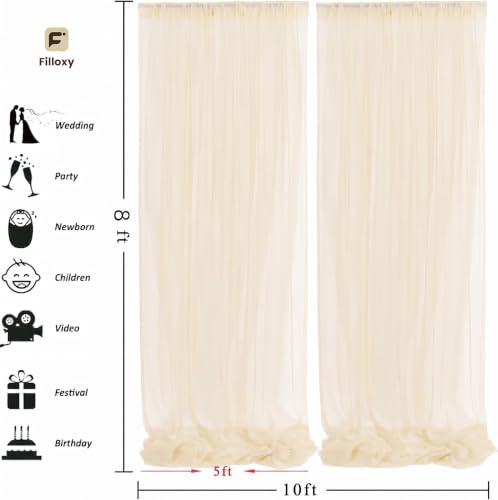 Image of White Net Backdrop Curtain Set for Decoration, 2 Pieces, 8 x 5 feet, for Wedding, Birthday, Anniversary, Engagement (Cream)