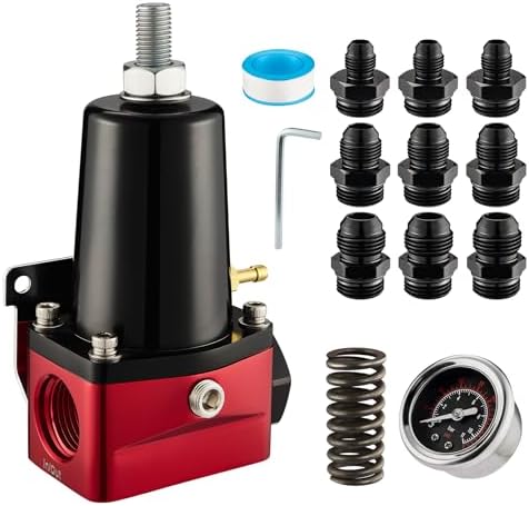 EVIL ENERGY Fuel Pressure Regulator 30-140PSI Adjustable Pressure Range, 10AN Bypass Return EFI Fuel Regulator with Gauge and Fitting Red