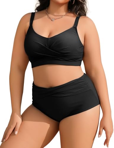 Tuopuda Bikini Mujer Talla Grande Push Up Cintura Alta Traje de Baño Dos Piezas Conjunto de Bikini Biquini con Relleno Bikini Top con Brasileño Braga Alta Natacion Playa M-4XL, Negro, XL