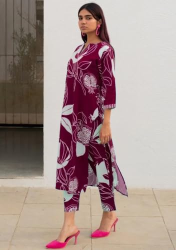 Image of GoSriKi Women's Cotton Blend Straight Printed Kurta with Pant