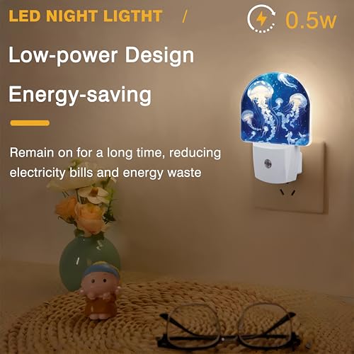 Image of Underwater Night Lights Plug into Wall White Glowing Jellyfish Night Light Dusk to Dawn Smart Sensor Decorative Round Led Lamp for Bedroom Kitchen Hallway Nightlight for Women Men