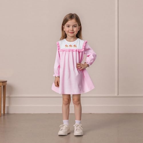 Girls' Dog Embroidery Mini Dress Long Sleeve Fall Striped A-Line Daily Toddler Dress Cute Casual Kids' Dress3