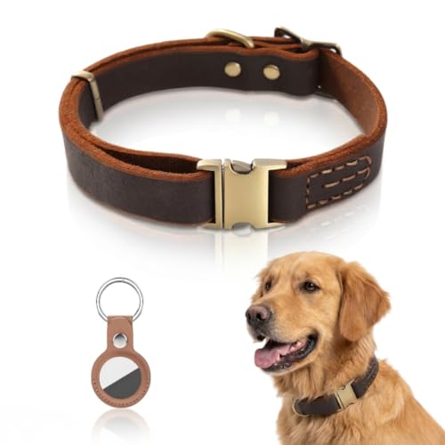 Image of Genuine Leather Dog Collar with Solid Alloy Buckle, Hand-Stitched, Soft Non-Choking Design, Dark Brown, Includes Brown Leather Tracking Case (Small: Width = 0.6 inch; Neck = 12 inch - 16 inch)