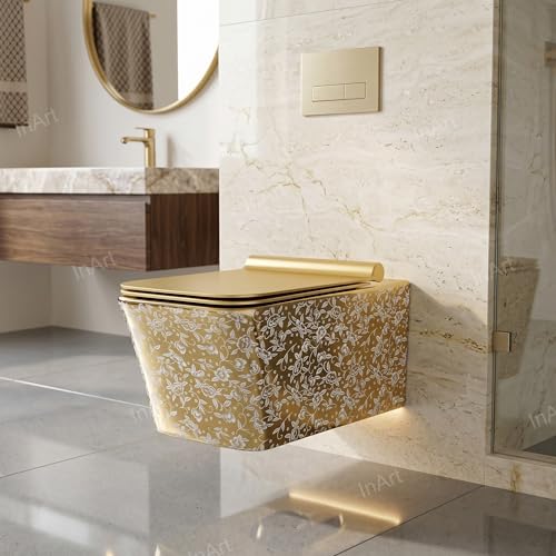 Image of InArt Ceramic Commode Wall Mount /Wall Hung Western Toilet /Water Closet /EWC /WC /European Commode for Bathrooms P Trap Outlet is from Wall with Soft Close Seat Cover Square (Gold Leaf Pattern)