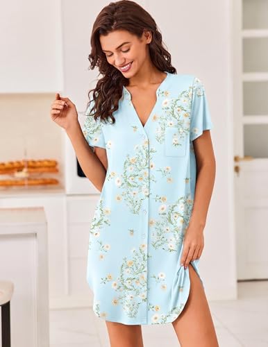 Image of Ekouaer Women V Neck Button Down Nightgown