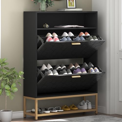 Loomie Shoe Cabinet,Freestanding Tipping Bucket Shoe Rack Organizer with 2 Flip Drawers,Entryway Narrow Shoe Storage with Storage Shelf &Top Cubby,Modern Slim Hidden Shoe Cabinet with Door 3D Pattern
