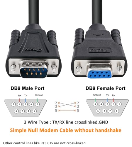 Image of DTECH DB9 RS232 Serial Cable Male to Female Extension Null Modem Cord Cross TX RX line for Data Communication (10 Feet, Black)