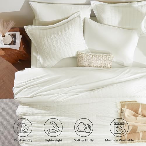 Image of CozyLux Oversized King Comforter Set with Sheets, 7 Pieces 120 inchx98 inch Ivory Seersucker Bed in a Bag, Luxury Soft Bedding Sets with Down Alternative Comforter, Sheets, Pillowcases & Shams for All Seasons