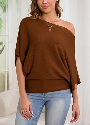 Image of MAKARTHY Womens Batwing Sleeves Knitted Dolman Pullovers Boat Neck Tops Sweatershirts