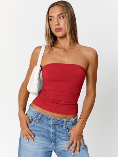 Trendy Queen Womens Cute Summer Tube Tops Going Out Strapless Ruched Backless Sleeveless Bandeau Y2k Clothes 20252