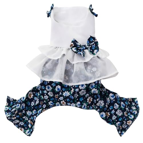 CELONROMF Vintage Floral Bowknot Sleeveless Romper for Small Dogs Cats Rabbits, Breathable Cotton Ruffle Flared Pants, Teacup to Small-Medium Pets for Walk Photo Vacation (Blue-Floral, Small) by CELONROMF - Used condition - US$11.31