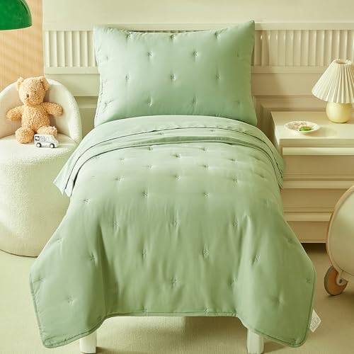 Image of DuShow Green 4 Pieces Toddler Bedding Set for Boys Girls,Embroidery Microfiber Crib Bed Sheets Set Soft Boho Comforter Set Bed in a Bag,Include Quilted Comforter,Flat Sheet,Fitted Sheet,Pillowcase