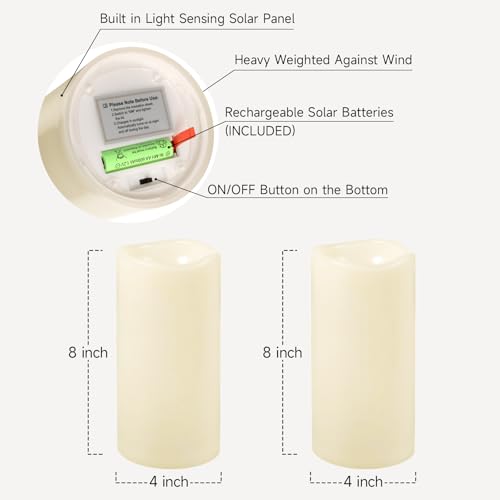 Image of NURADA Large Outdoor Solar Candles Waterproof - 8 inch x 4 inch Rechargeable Solar Powered Flameless LED Pillar Flickering Candle for Patio Porch Lanterns Decor - Ivory Set of 2