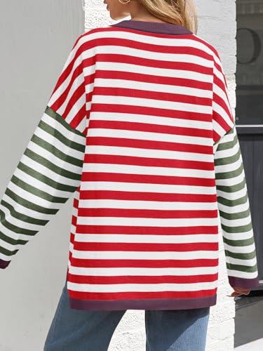 Image of Saodimallsu Womens Striped Oversized Sweaters Color Block Crew Neck Long Sleeve Loose Knit Pullover Sweater