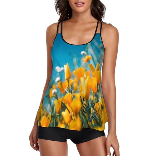 Maillot de bain tankini robe de plage femme short de garcon fleurs jaunes bikini 3 pieces