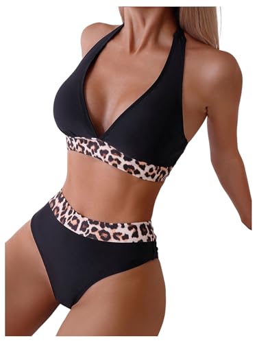 SweatyRocks Women's 2 Piece Leopard Print Swimsuit Halter Bikini Sets High Waist Bathing Suit3