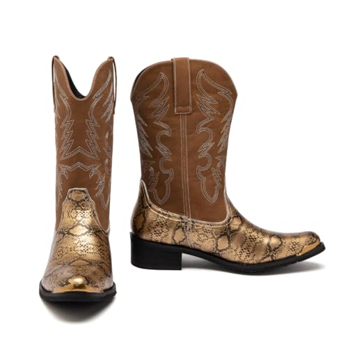 Image of Men's cowboy boots round toe boots embroidered with traditional Western country artificial snakeskin pattern