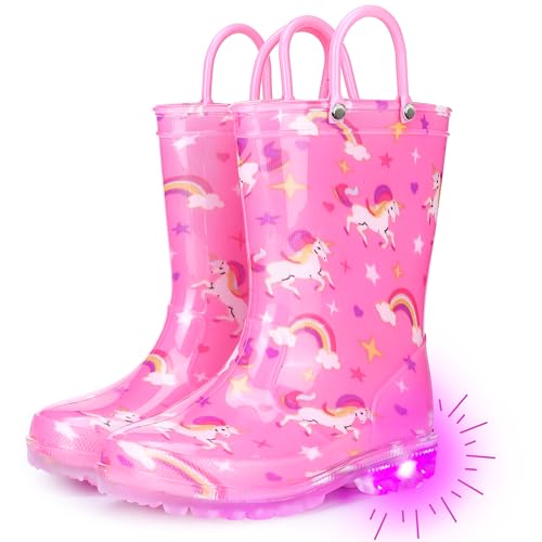 Funspread Rain Boots for Girls Toddlers - Light Up Kids Rainboots Boots Waterproof Lightweight Rain Shoes with Handles Light Pink Size 12