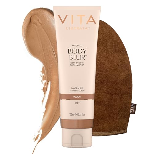 VITA LIBERATA Body Blur Medium 100ml & Mitt Bundle Leg & Body Makeup Wash Off Instant Tan Streak Free Application Blending Mitt Water resistant Disguise Imperfections Flawless Finish