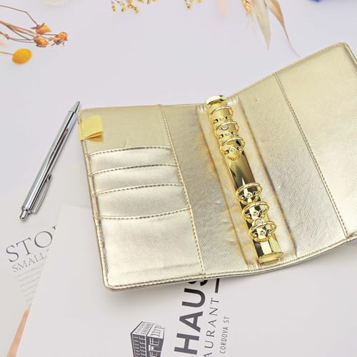 XiowDow Capa A6 Budget Binder de couro PU para caderno, 6 anéis dourados, fichários recarregáveis, f