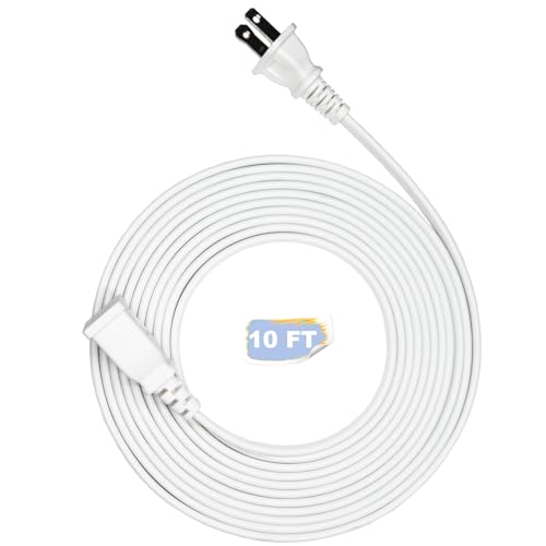 Jplenty 10FT White Flat and Thin 2 Prong Long Extension Cord for Indoor/Outdoor Use with Single Outlet - Ideal for Holiday Lights Lamps Cameras Appliance ETL Listed (1 Pack)