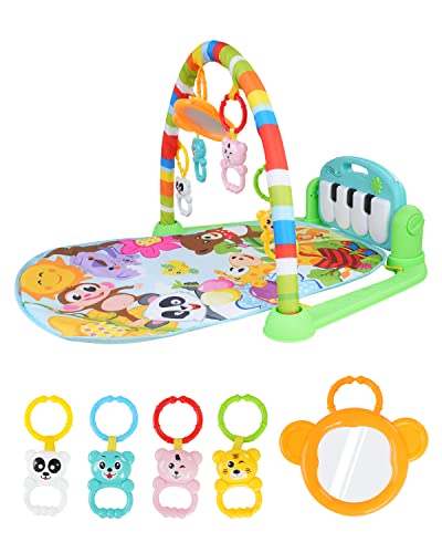Image of DF DUALFERV Baby Gyms Play Mats with Musical Activity Center Kick & Play Piano, Playmat for Babies with 5 Infant Learning Sensory Baby Toys, Gifts for Newborn Baby 0 to 3 6 9 12 Months
