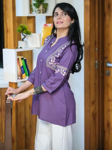 Image of Women's Viscose Rayon Embroidered A-Line Short Kurti Above Knee Regular Fit Tunic Top Office Wear Casual short kurti for women | office wear top | A-line kurti | raksha bandhan gift dress for women