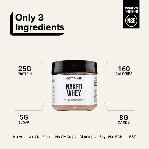 Image of NAKED Chocolate Whey 1LB - All Natural Grass Fed Whey Protein Powder, Organic Cacao, and Coconut Sugar - NSF Certified, No GMO, No Soy, and Gluten Free, Aid Growth and Recovery - 12 Servings