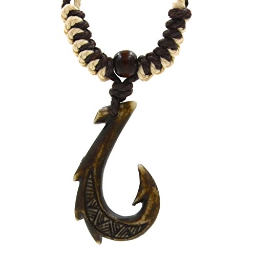 Hzman hawaiian fish hook pendant hemp cord chain - maori tribal n…