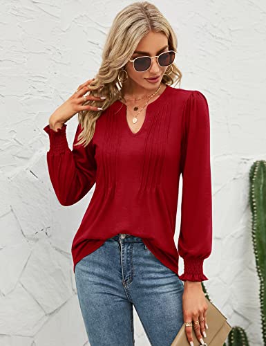 Micoson Womens Christmas Long Sleeve Fall Tops V Neck Pleated Puff Sleeve Tshirts With Smocked Cuffs Loose Casual Tunic Blouse Red L #TOP3