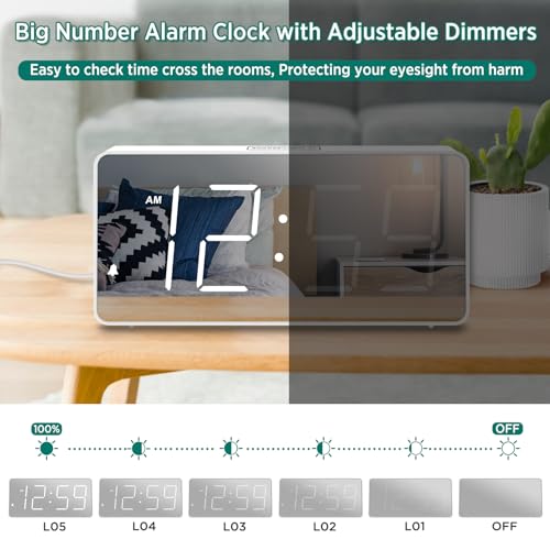 Image of Peakeep Digital Clock, Alarm Clock Battery Backup Powered for Bedrooms - Mirror Face Large Numbers 6 Dimmer for Seniors, Super Loud for Heavy Sleepers (White)