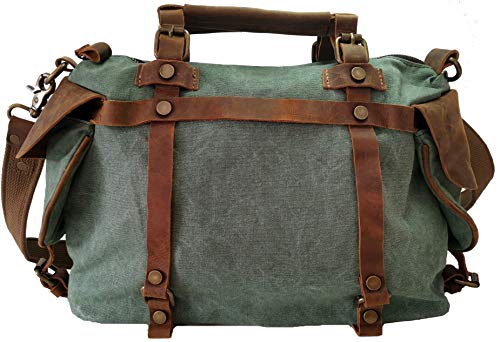 ILLUSYA Sac à bandoulière en Toile et Cuir de Vachette véritable pour Homme - Sac à Dos pour Ordinateur Portable 14", Sac à bandoulière/Sac à bandoulière (Vert Menthe)